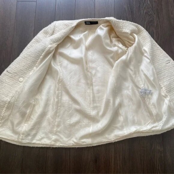 ZARA Metallic ECRU Gold Textured Tweed Double Breasted Frock Blazer - Picture 7 of 13